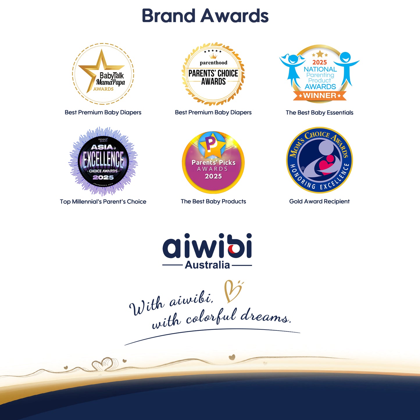 Collection of awards and logos for aiwibi Australia on a white background