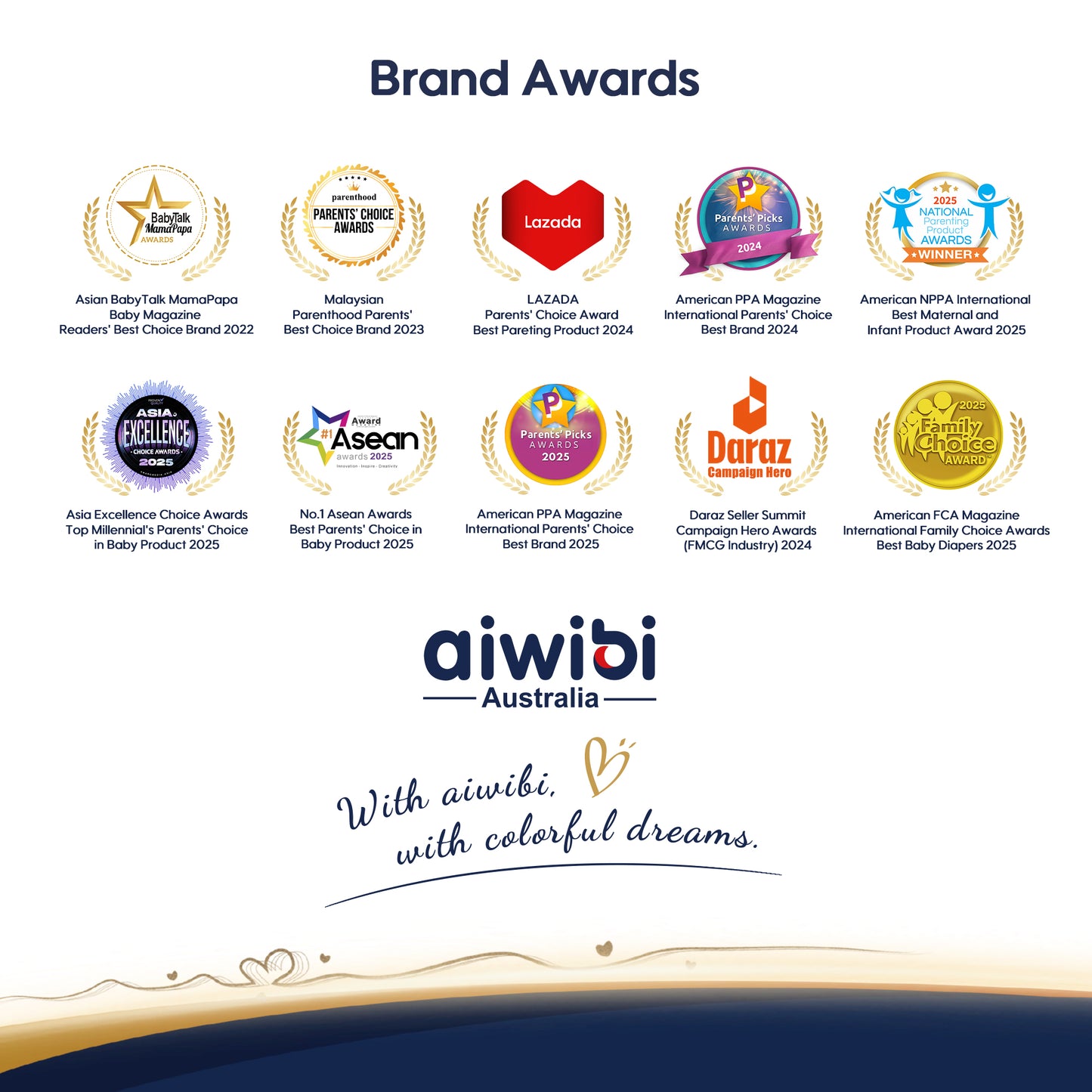 The image displays some of the awards earned by Aiwibi diapers, earning the trust of parents.