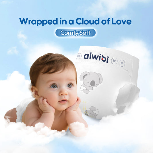 Baby lying on a cloud with an aiwibi diaper package in the background, against a blue sky.