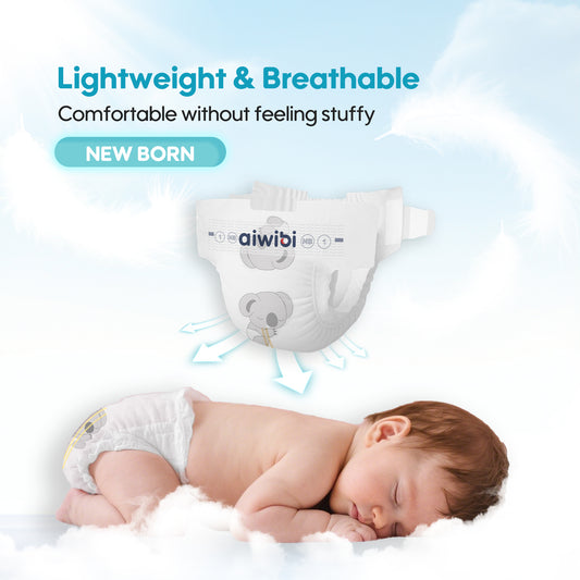 Baby sleeping with a diaper on a cloud-like surface, wearing an aiwibi product.