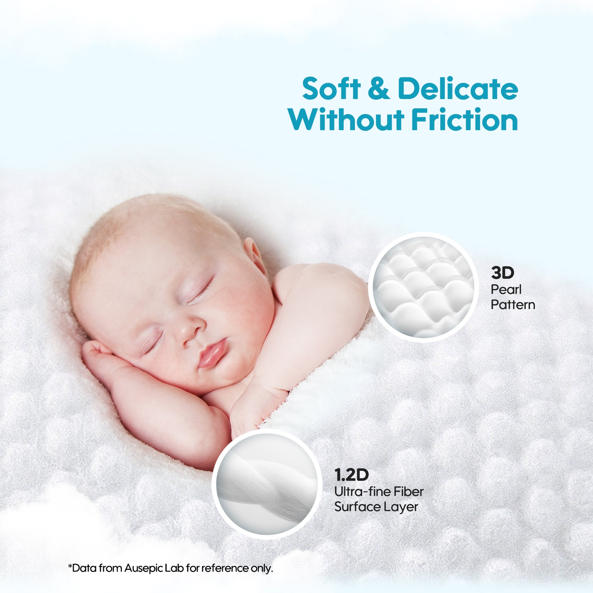 Ultra-soft Aiwibi newborn diaper with 1.2D fine fiber surface layer for a cloud-like sleep experience.