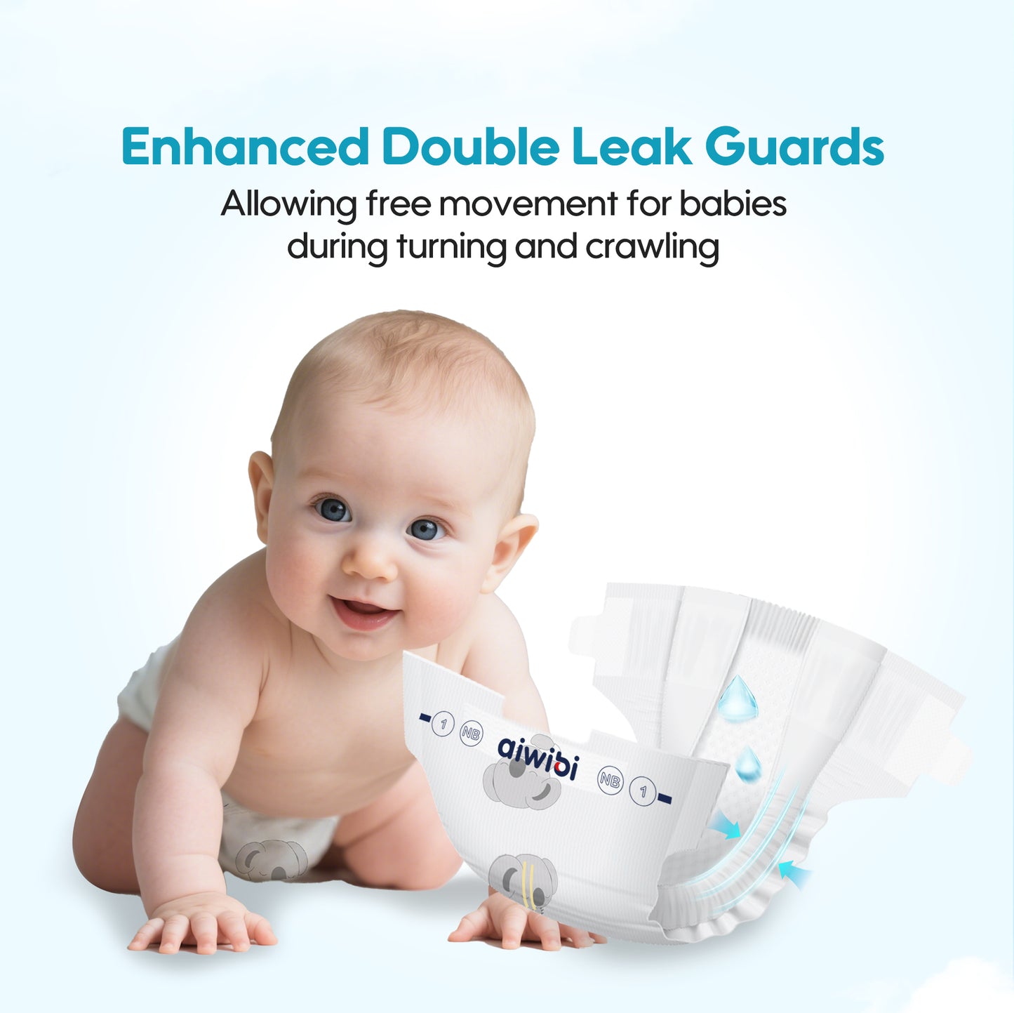 Baby sitting on a white surface with a package of diapers labeled 'aiwibi' and text about enhanced double leak guards.