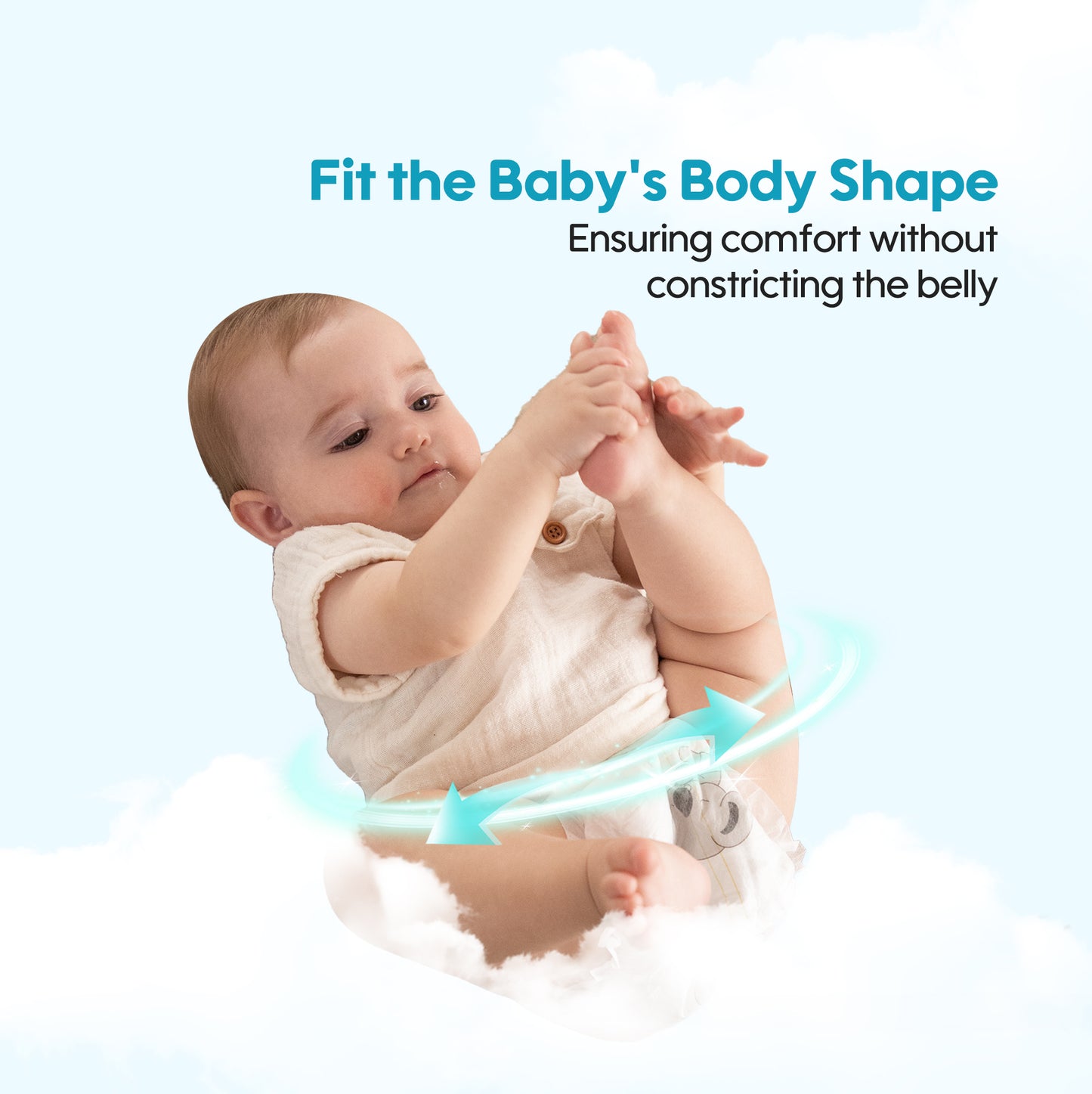 Aiwibi newborn diaper designed to perfectly fit baby's body shape, ensuring a snug yet comfortable fit for active movement.