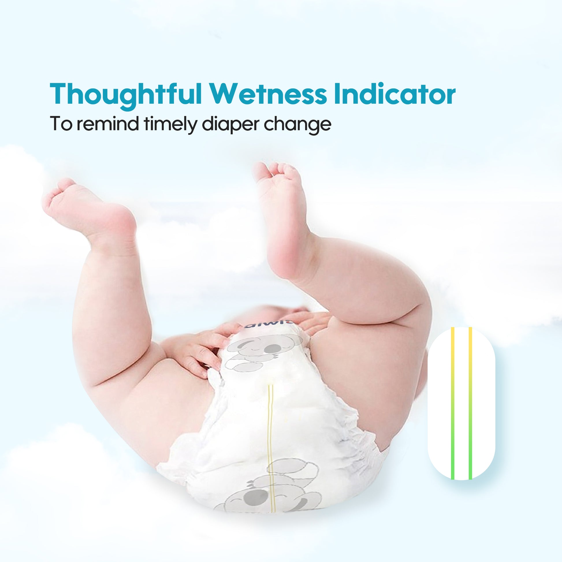 Aiwibi baby diaper featuring a color-changing wetness indicator for easy monitoring and timely diaper changes