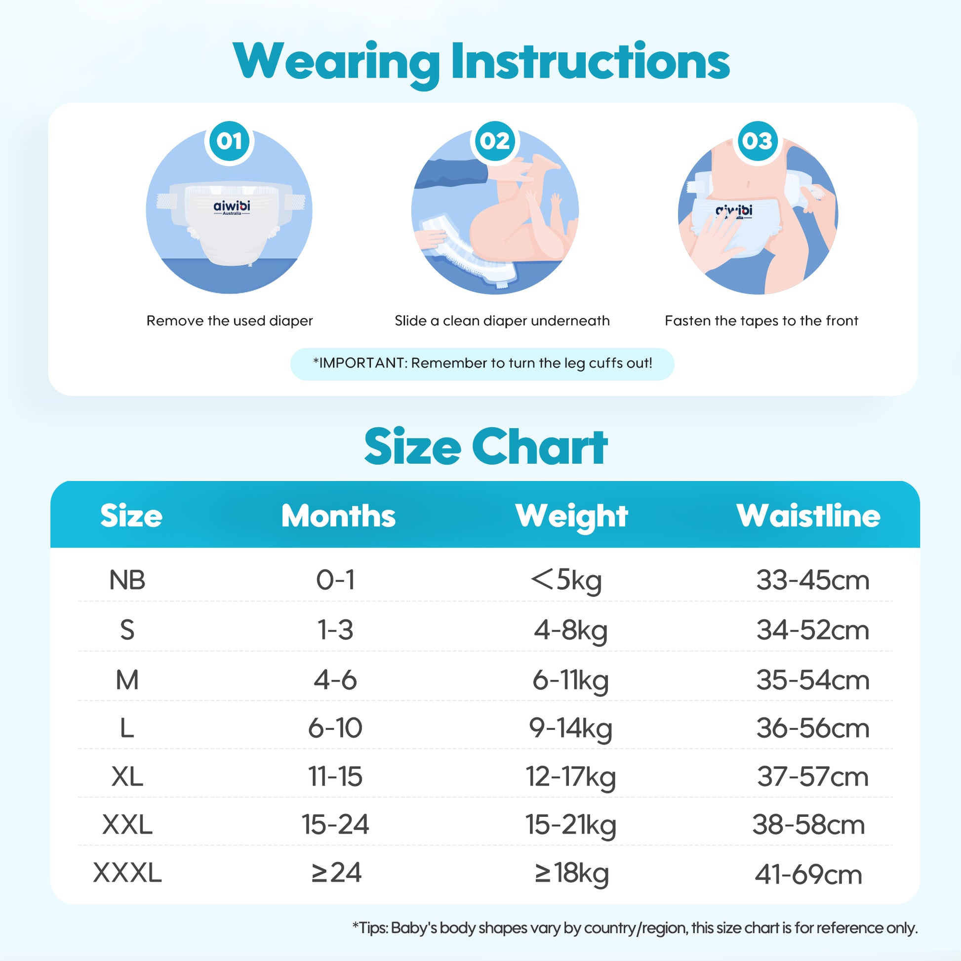 Aiwibi Ultra Thin newborn diapers size chart