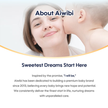 Advertisement for Aiwibi with a child whispering to a woman's ear, featuring the brand's mission and values.