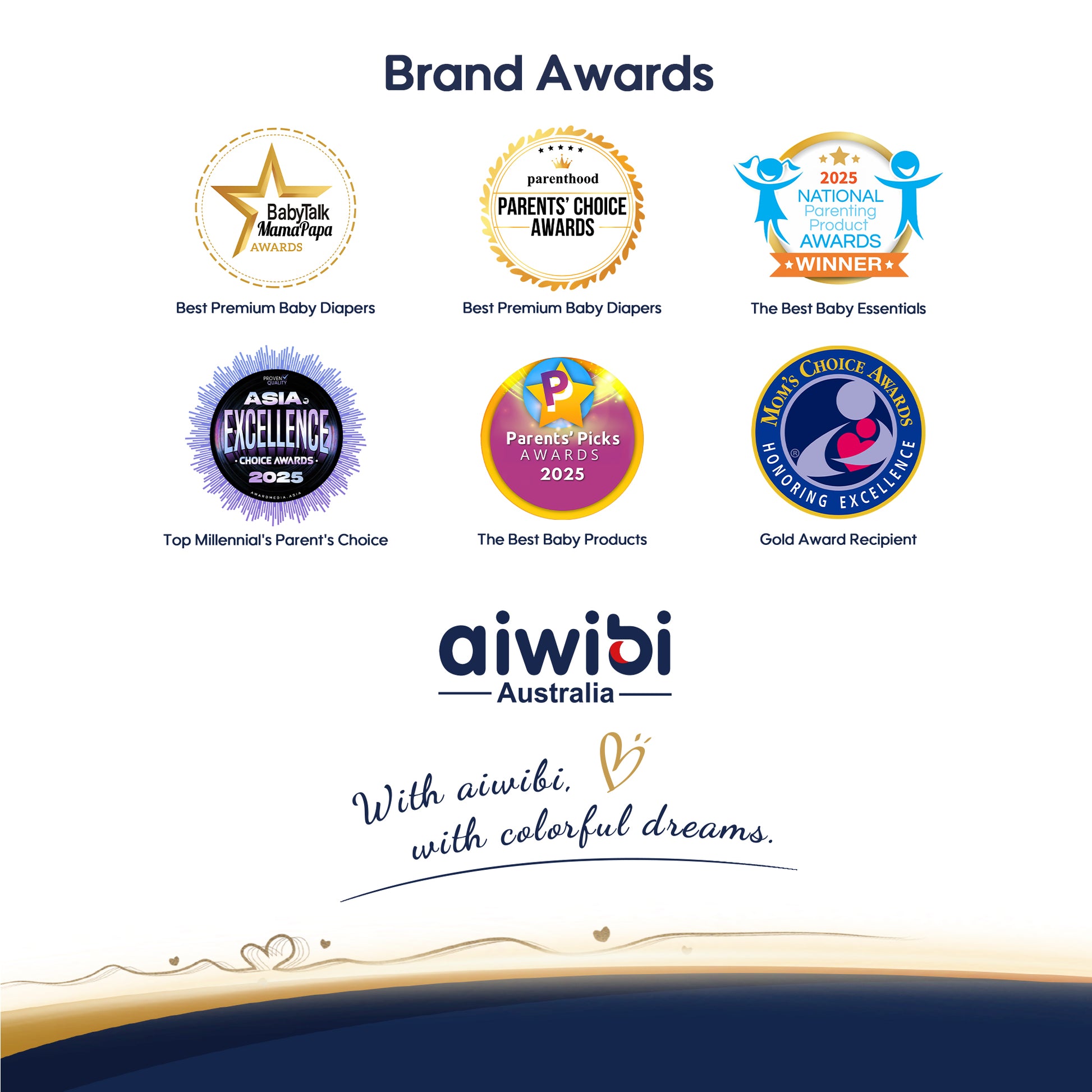 Various awards and logos for aiwibi Australia on a white background