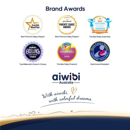 Various awards and logos for aiwibi Australia on a white background