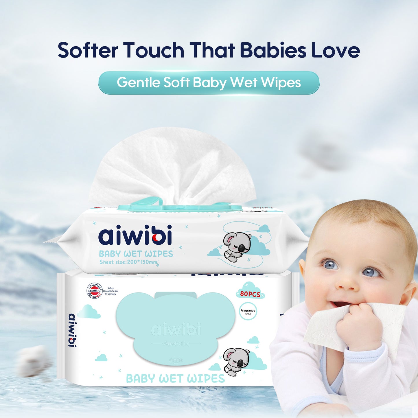 Gentle Soft Sensitive Care Fragrance free Koala Wipes
