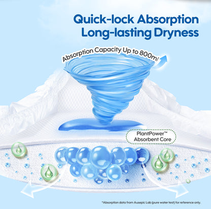 The image illustrates the Aiwibi absorbent layer structure, labeled for rapid absorption, with a water capacity of up to 800ml.