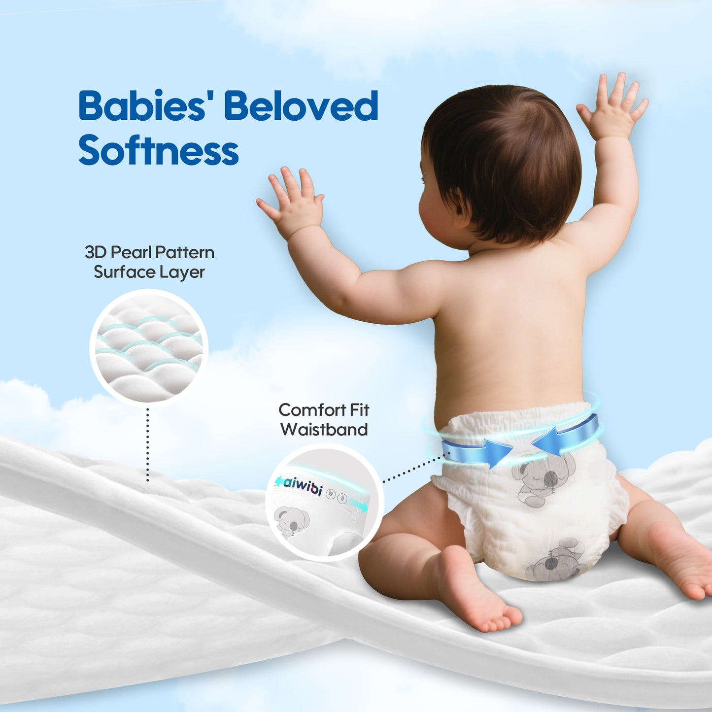 Baby wearing a diaper with text highlighting features on a blue background