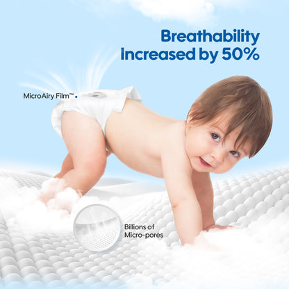 Baby in a diaper on a mattress with text about breathability and micro-pores.