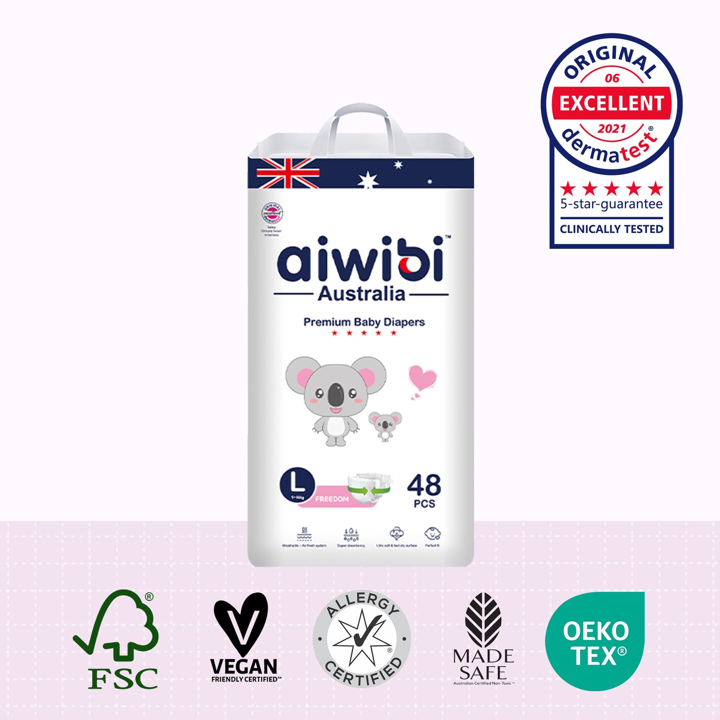 Aiwibi Comfy Dry Diapers, 48 pieces per pack, Size L, suitable for newborns weighing 9-14 kg.