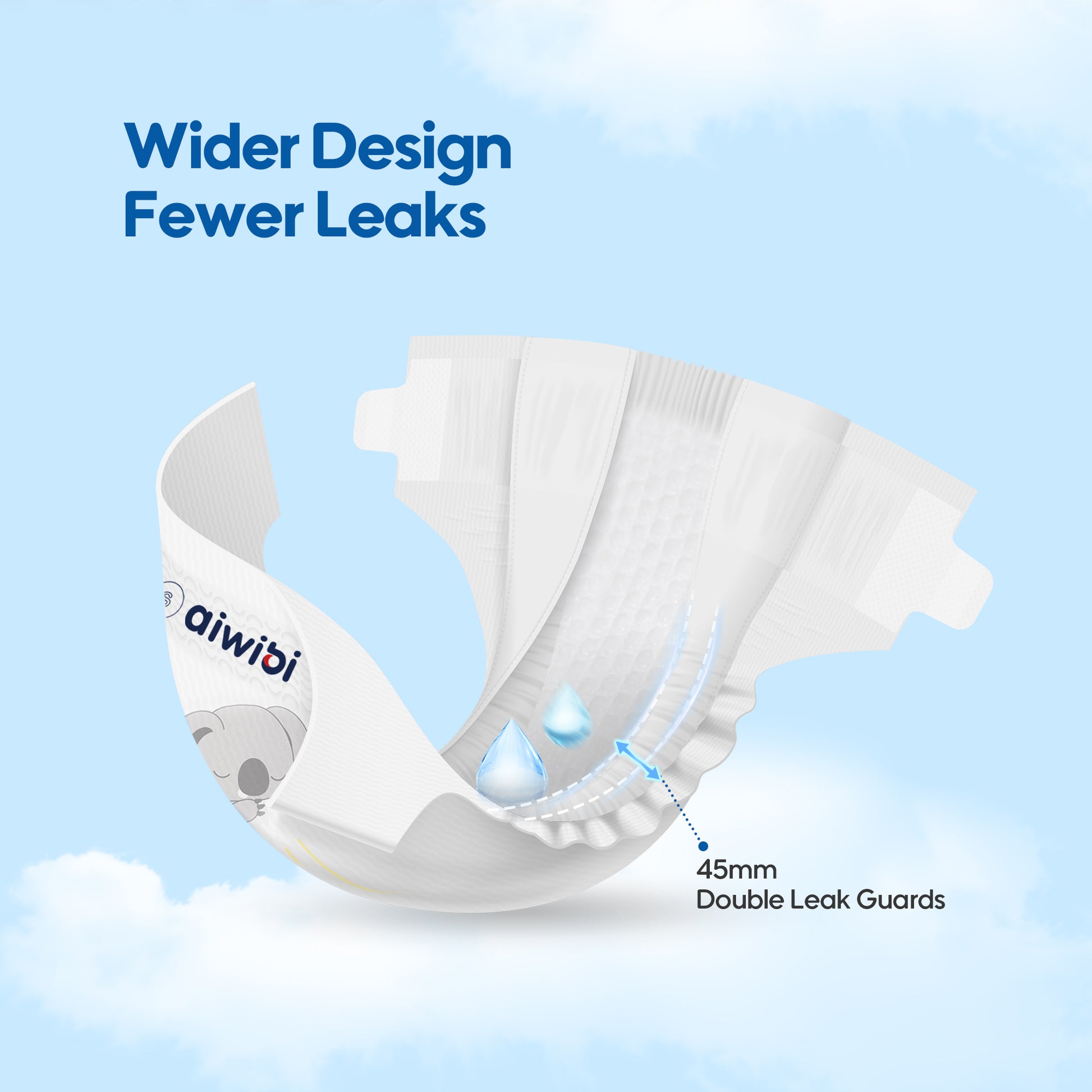 White diaper with 'aiwibi' branding on a light blue background, highlighting wider design and leak protection features.