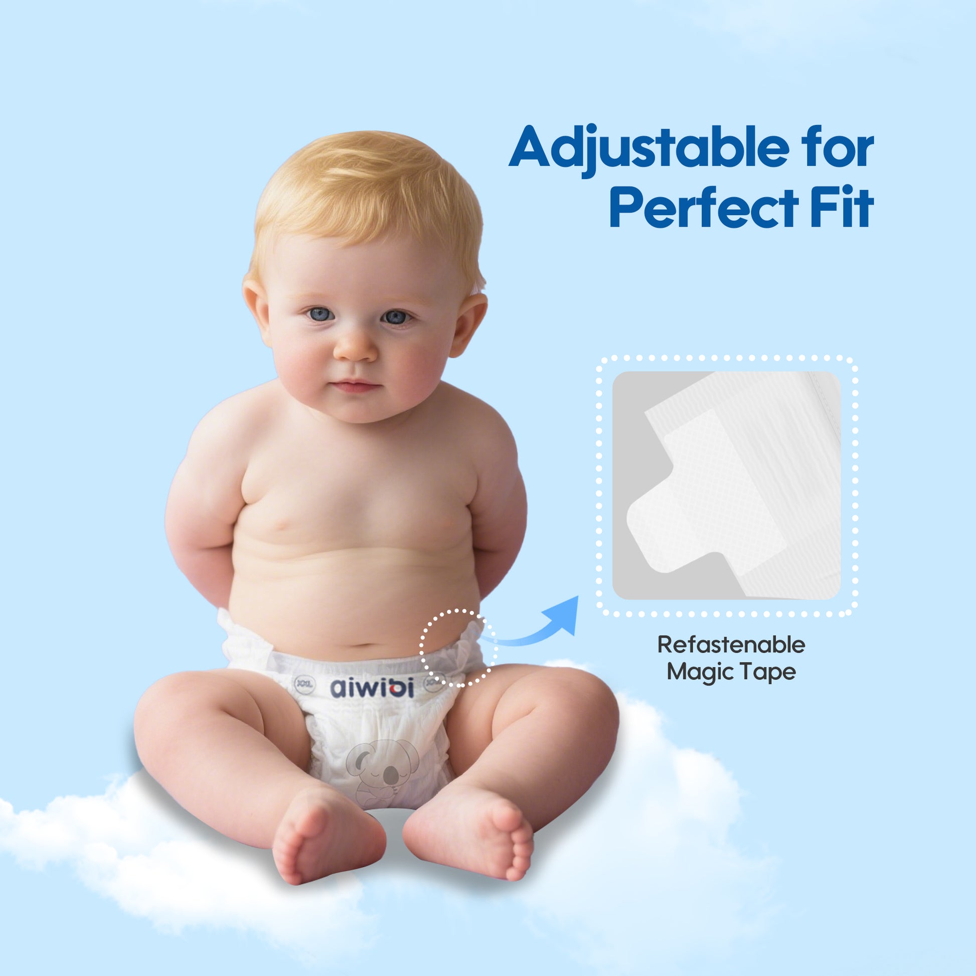 Baby wearing a Aiwibi diaper with adjustable magic tape on a blue background