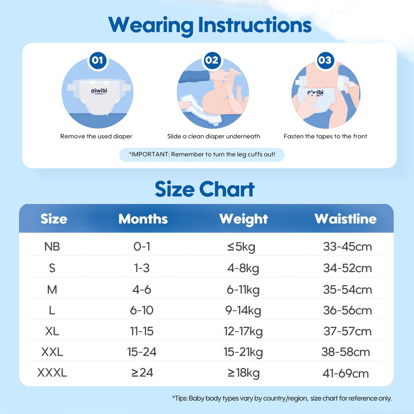 Wearing instructions and size chart for Aiwibi comfy soft diapers