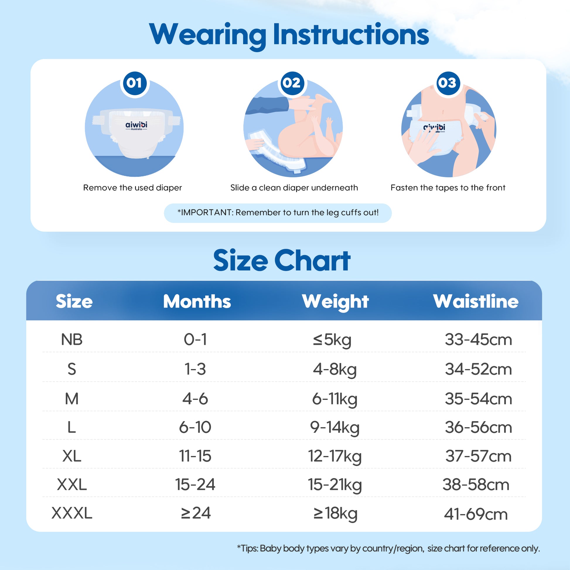 Wearing instructions and size chart for Aiwibi comfy soft diapers