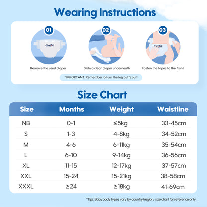 Wearing instructions and size chart for Aiwibi comfy soft diapers