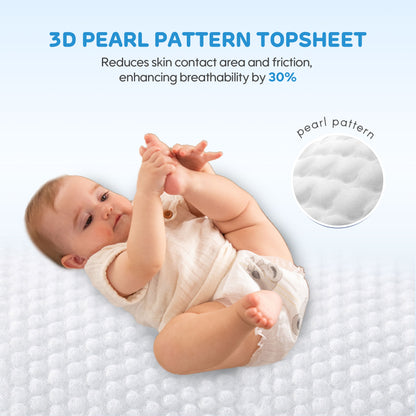 The little baby wearing Aiwibi S-size diaper; 3D pearl texture ensures cloud-like soft touch and zero irritation.