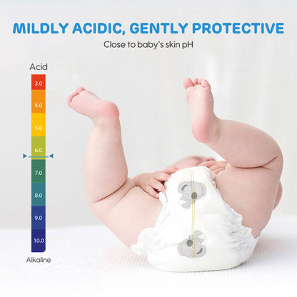 Aiwibi Comfy Soft diaper with a mildly acidic topsheet to balance skin pH and hypoallergenic fabric to protect sensitive baby skin from irritation.