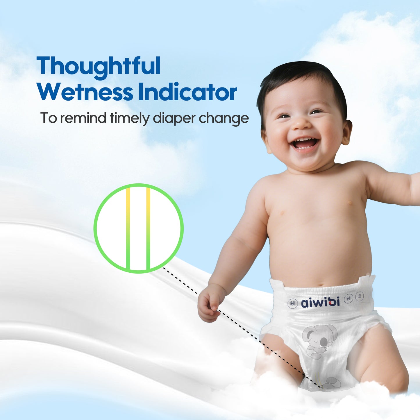 The image shows a baby wearing an Aiwibi diaper with a wetness indicator.