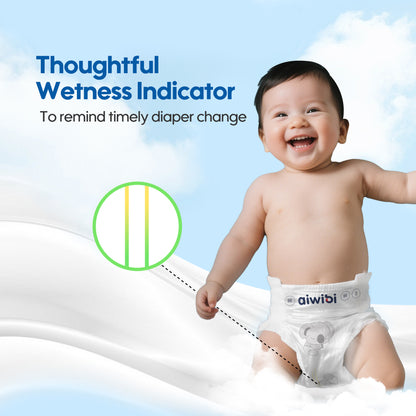 The image shows a baby wearing an Aiwibi diaper with a wetness indicator.