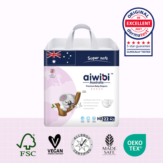 Package of aiwibi Australia newborn diapers with certification logos