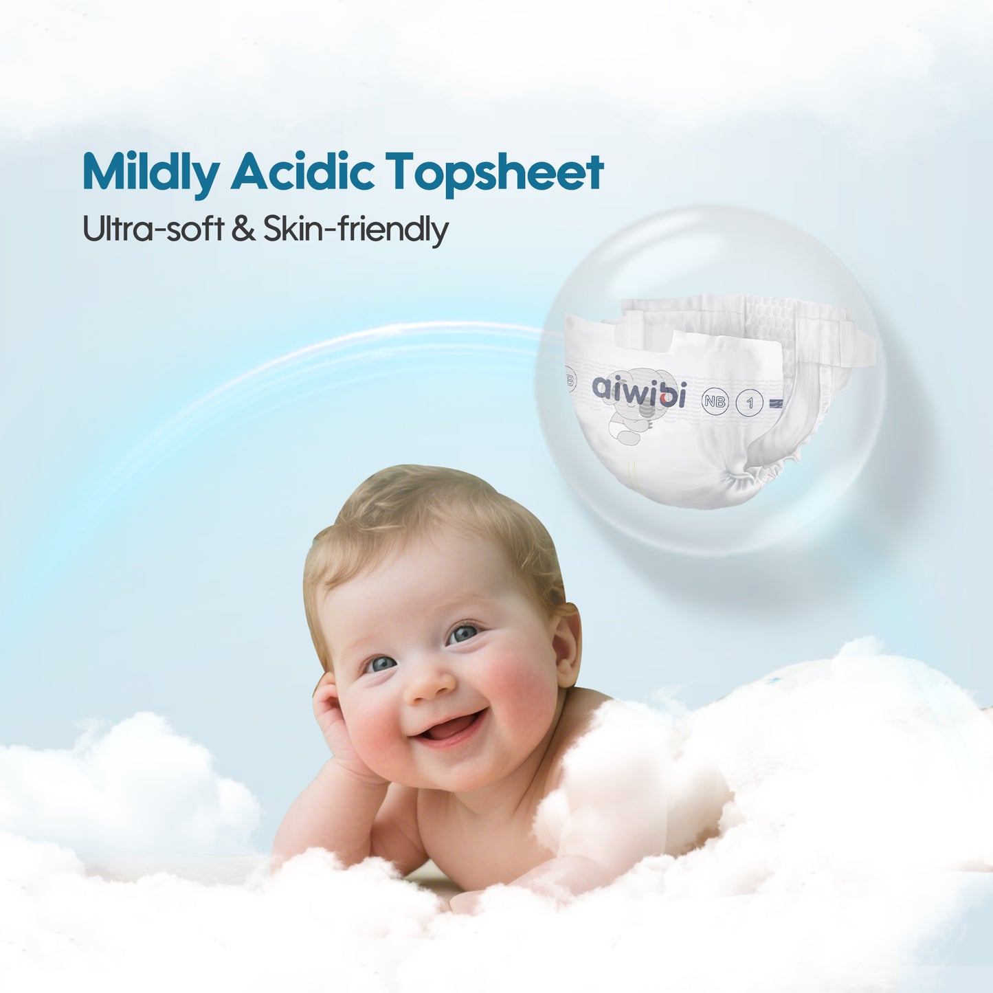 Hypoallergenic aiwibi newborn diaper with pH-balanced acidic topsheet; premium soft fabric for newborn sensitive skin and diaper rash prevention.