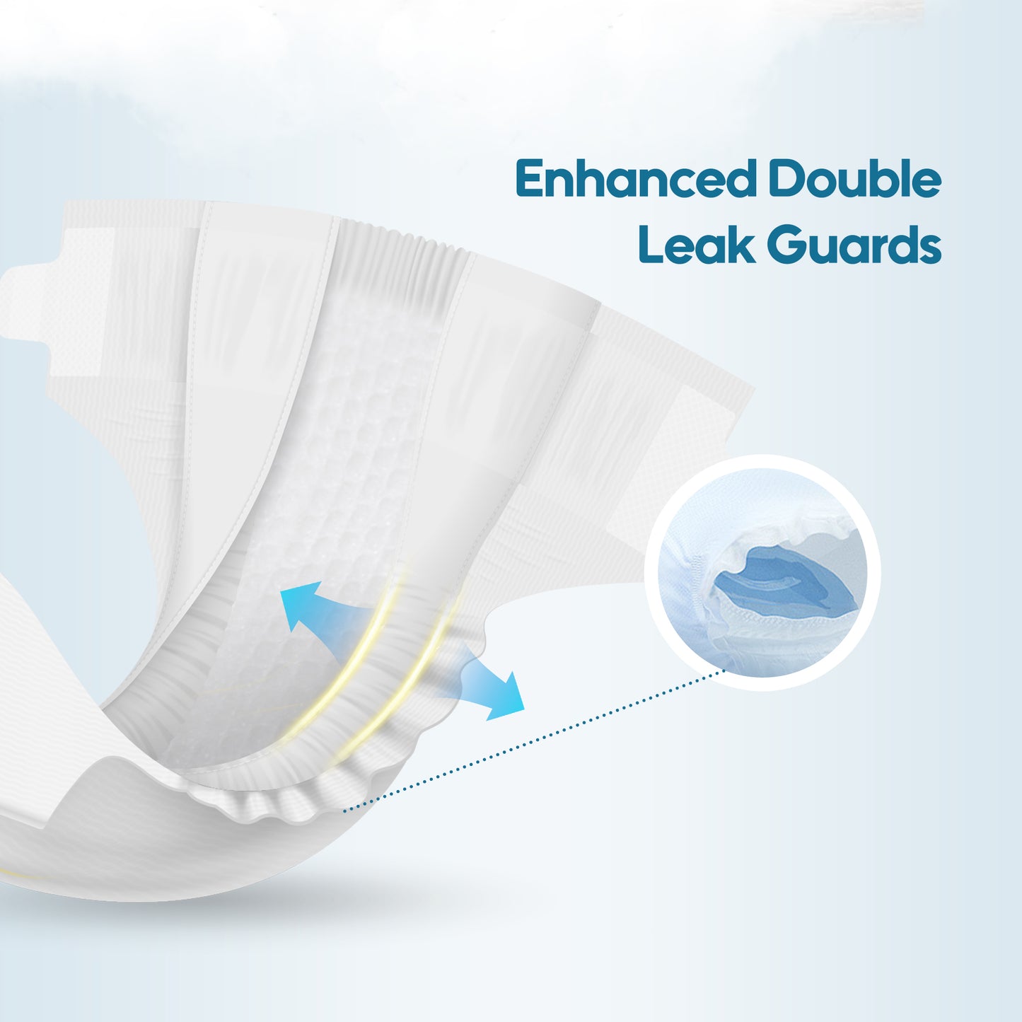 Leak-proof Aiwibi diapers featuring dual-layer leg cuffs and elastic side panels for maximum blowout protection and comfort.