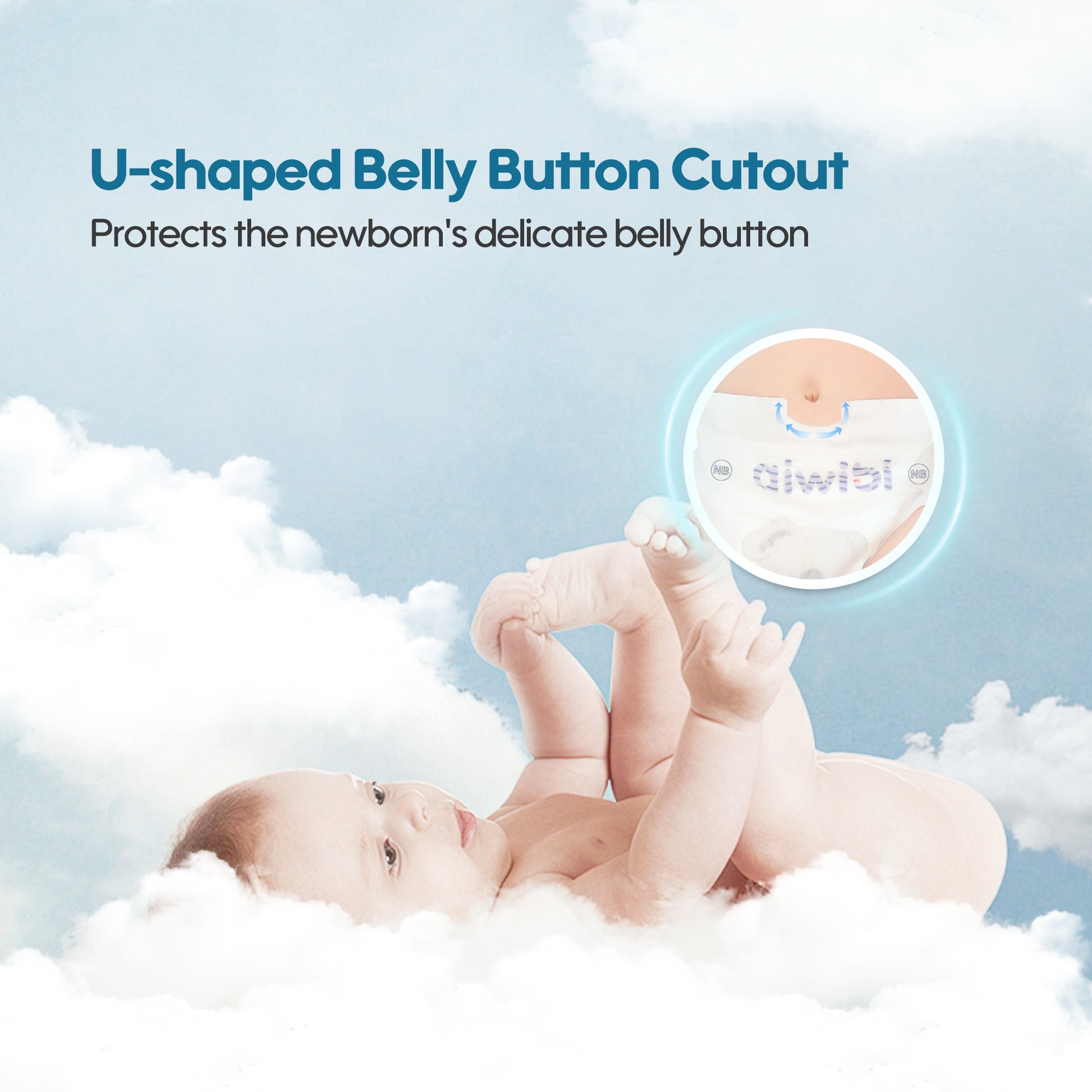 Aiwibi newborn diapers feature a unique U-shaped umbilical stump opening design that effectively prevents friction irritation and helps avoid diaper rash.