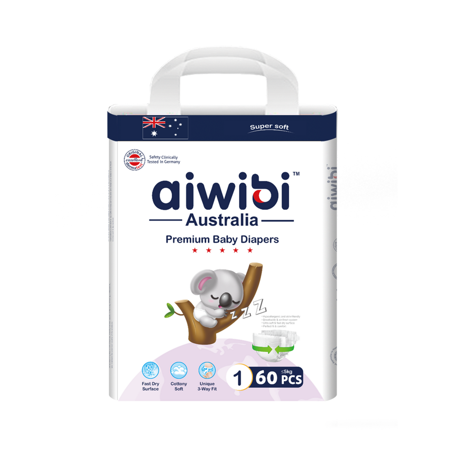 aiwibi Newborn Diapers, Large Pack, 60 pieces per pack, suitable for newborns weighing 0–5 kg.