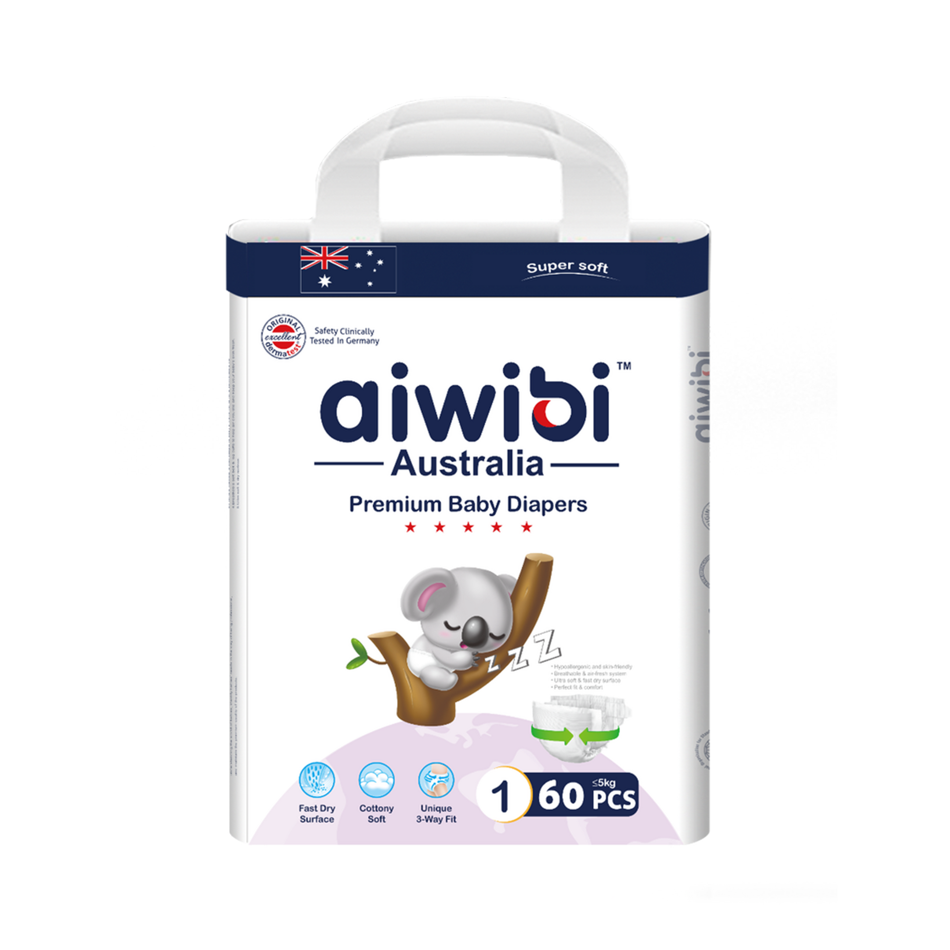 aiwibi Newborn Diapers, Large Pack, 60 pieces per pack, suitable for newborns weighing 0–5 kg.