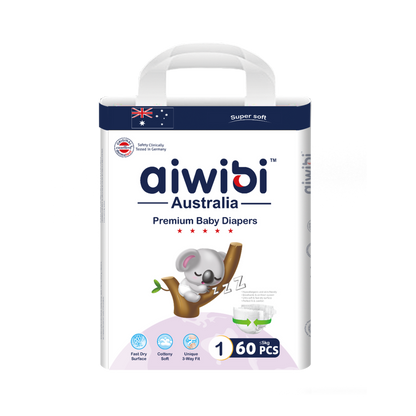 aiwibi Newborn Diapers, Large Pack, 60 pieces per pack, suitable for newborns weighing 0–5 kg.