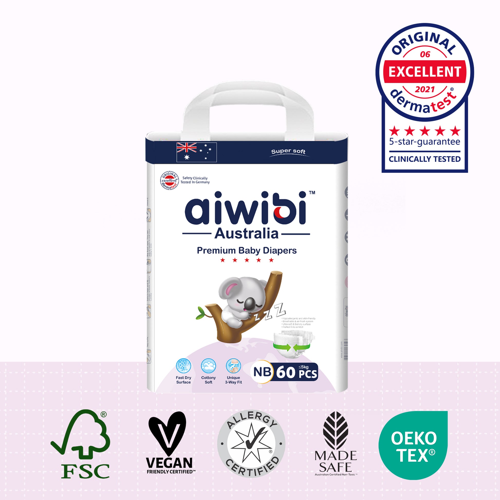 Package of aiwibi Australia newborn diapers(large package) with certification logos