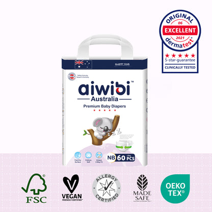 Package of aiwibi Australia newborn diapers(large package) with certification logos
