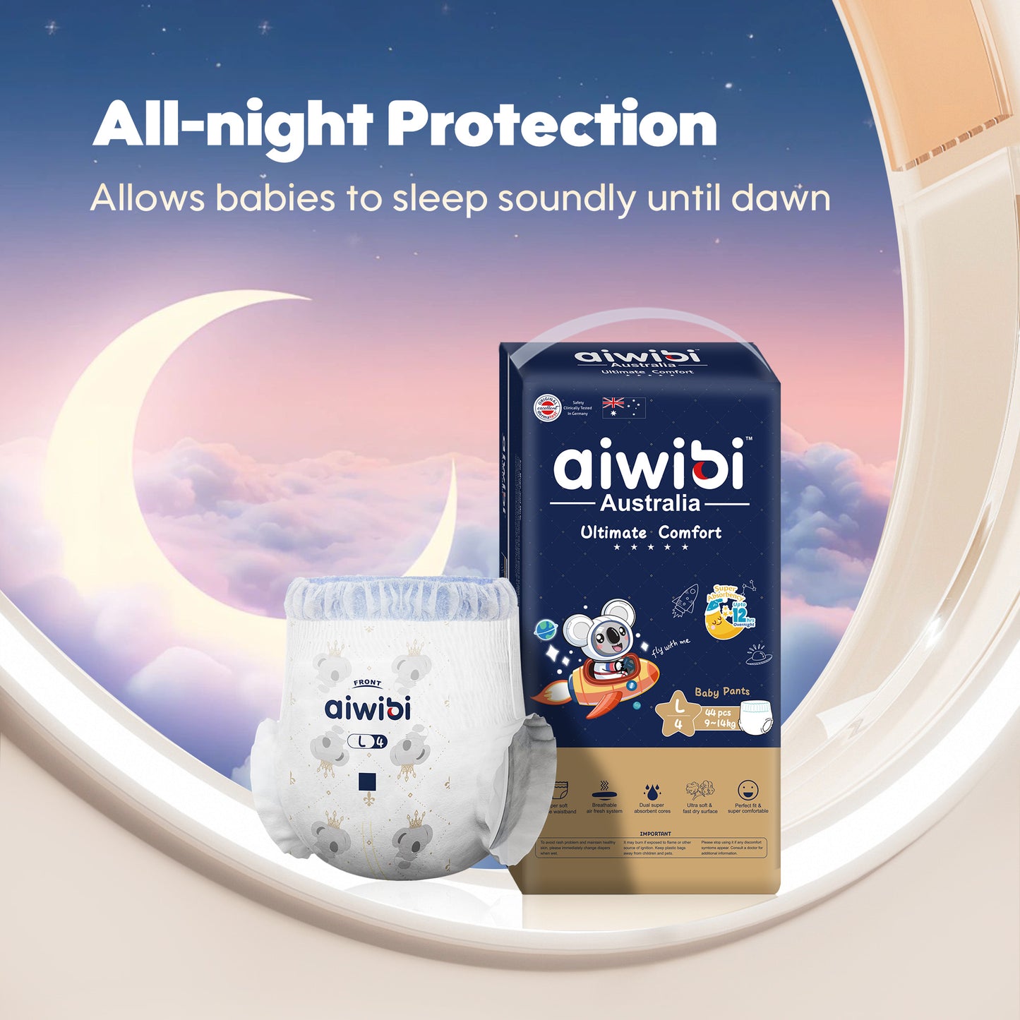 Aiwibi Ultimate Comfor nighttime diaper pants for babies ensuring 12 hours of uninterrupted sleep and maximum comfort.