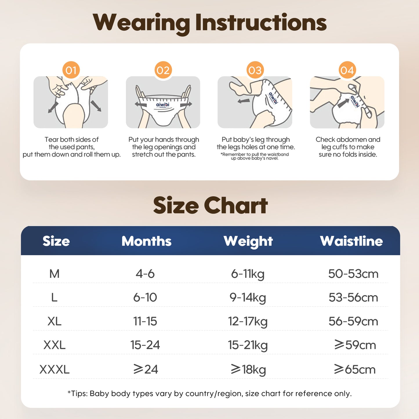 Aiwibi Ultimate Comfort nighttime diaper pants size chart for perfect fit selection.