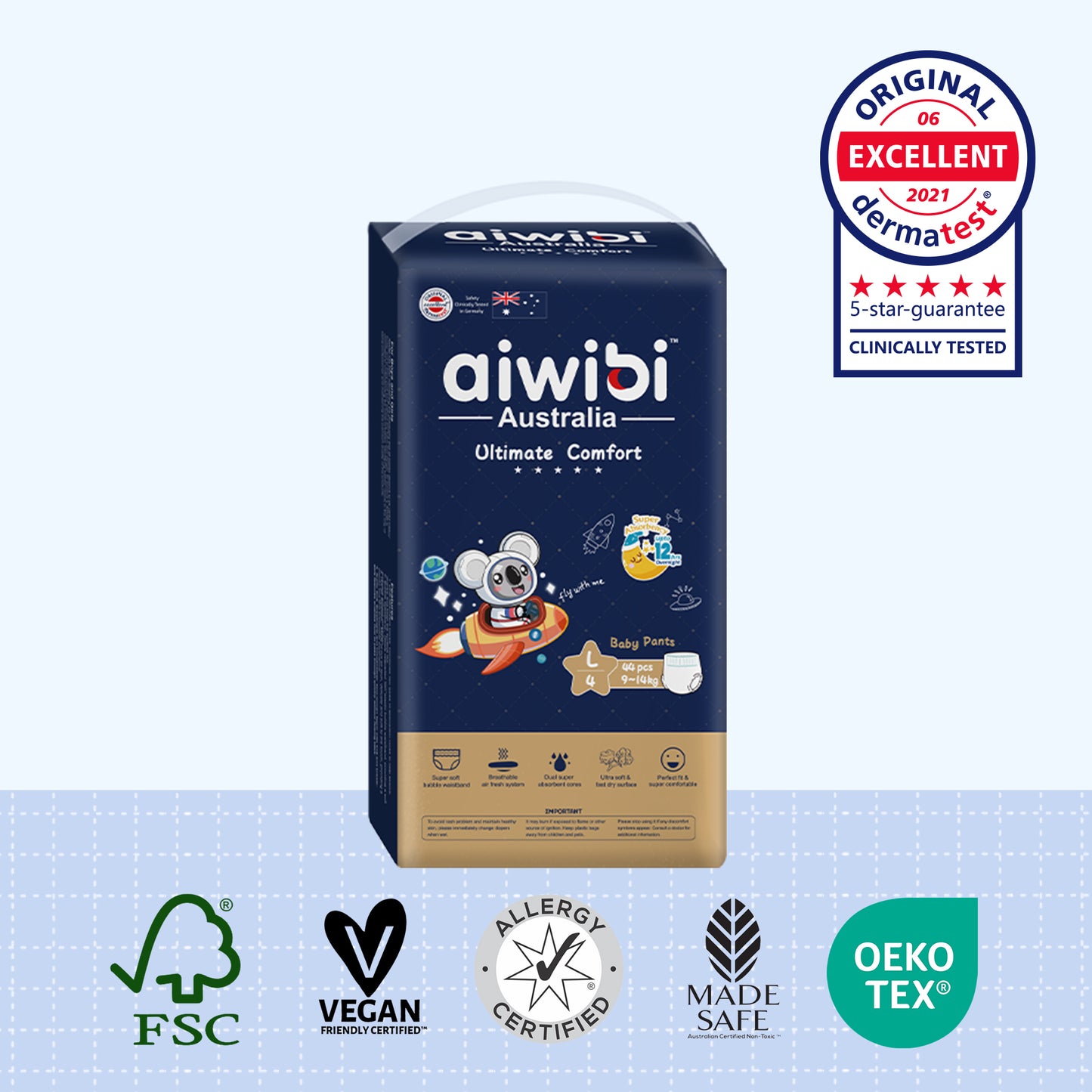 Aiwibi Ultimate Comfort Baby Pants Size L, 44 pieces per pack, suitable for newborns weighing 9–14 kg.