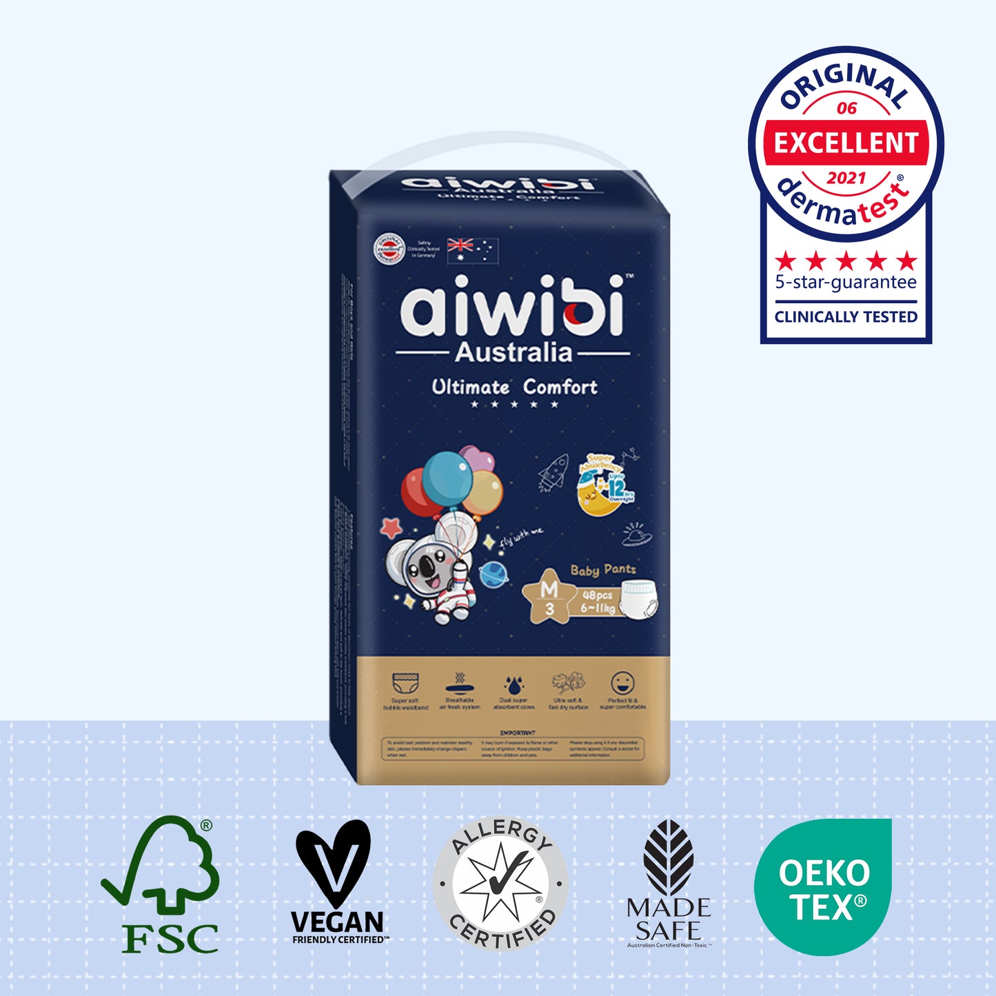 Aiwibi Ultimate Comfort Baby Pants Size M, 48 pieces per pack, suitable for newborns weighing 4–8 kg.