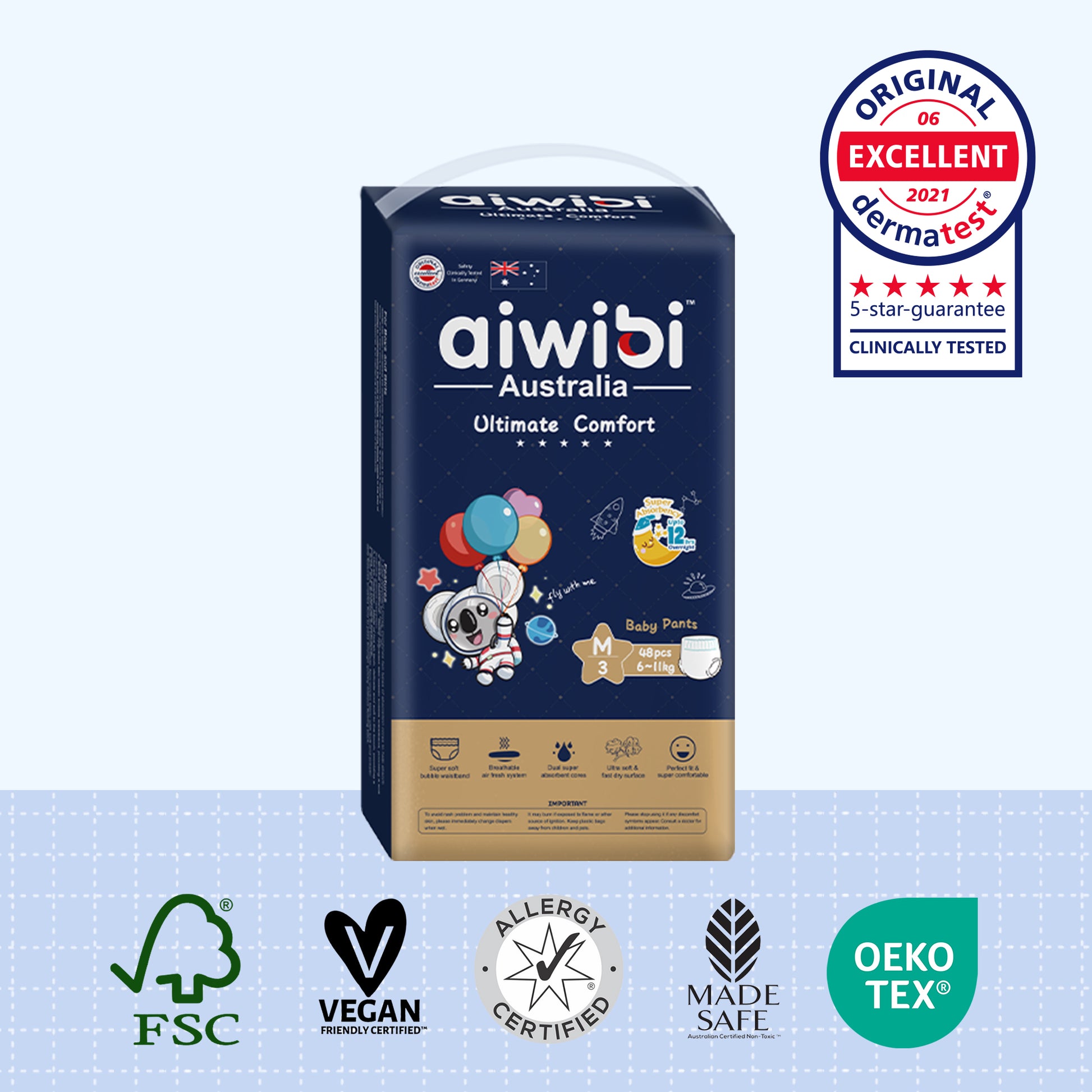 Aiwibi Ultimate Comfort Baby Pants Size M, 48 pieces per pack, suitable for newborns weighing 4–8 kg.