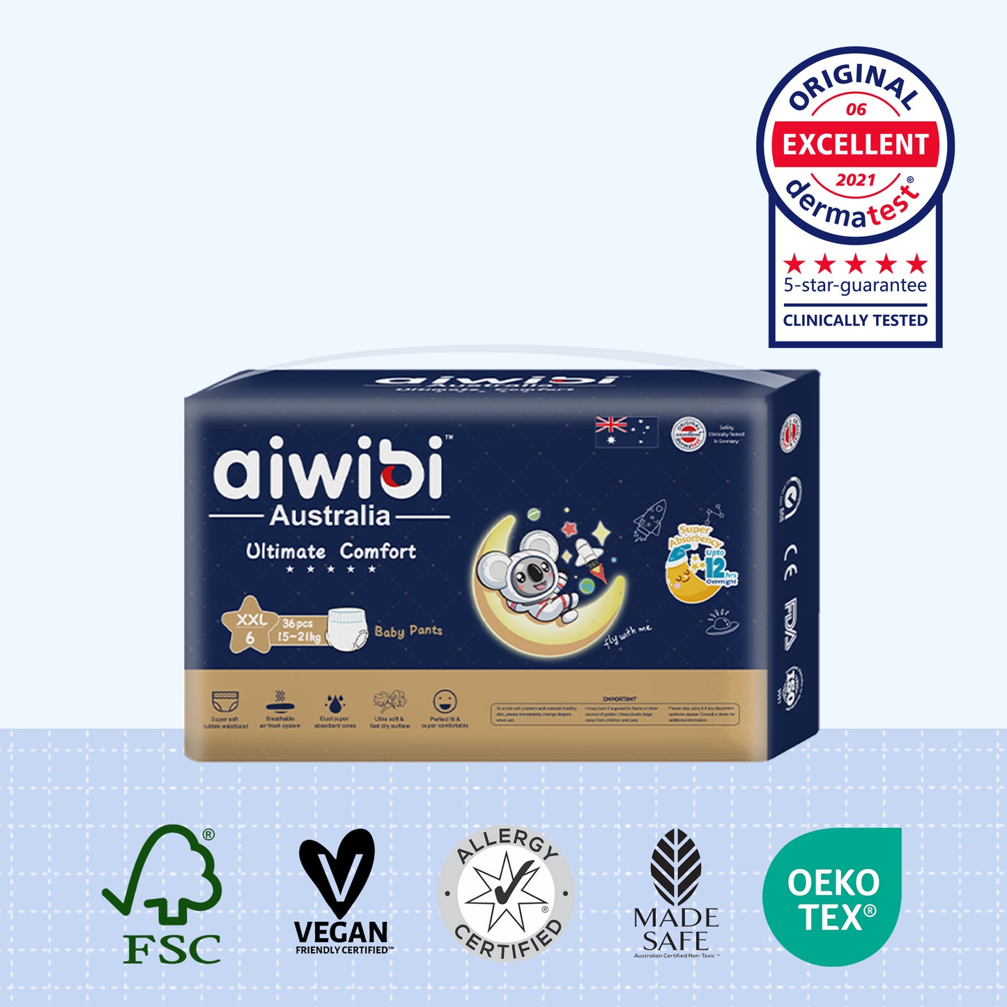 Aiwibi Ultimate Comfort Baby Pants Size XXL, 36 pieces per pack, suitable for newborns weighing 15–24 kg.